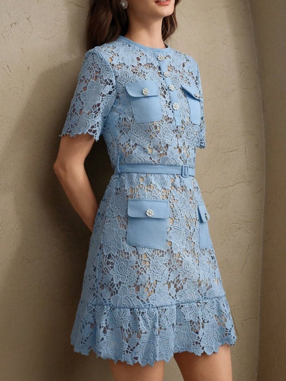 Blue Elegant Women's Lace Trim Knee-Length Short Sleeve Dress